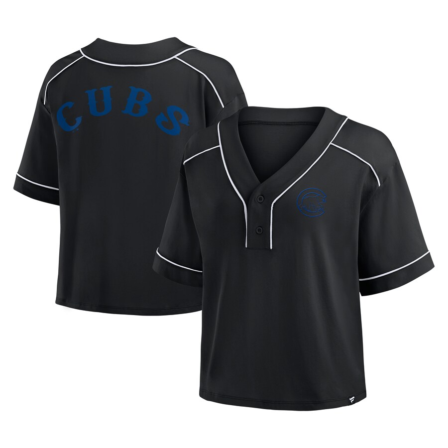 Women's Chicago Cubs Fanatics Black Oversized Champ Game Cropped V-Neck T-Shirt