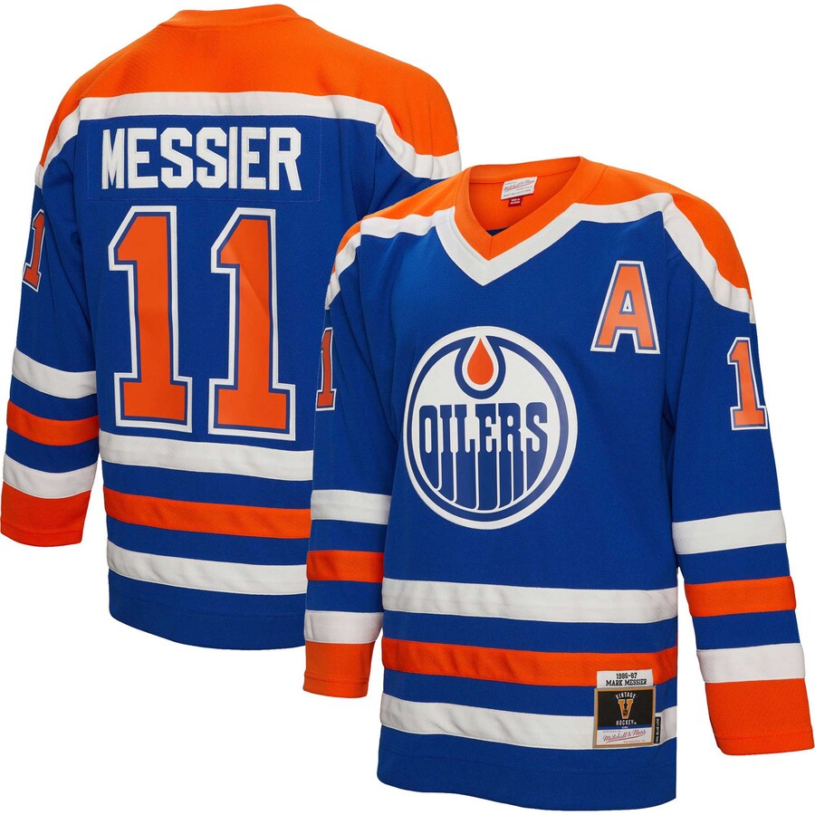 Men's Edmonton Oilers Mark Messier Mitchell & Ness Royal 1986/87 Alternate Captain Patch Blue Line Player Jersey