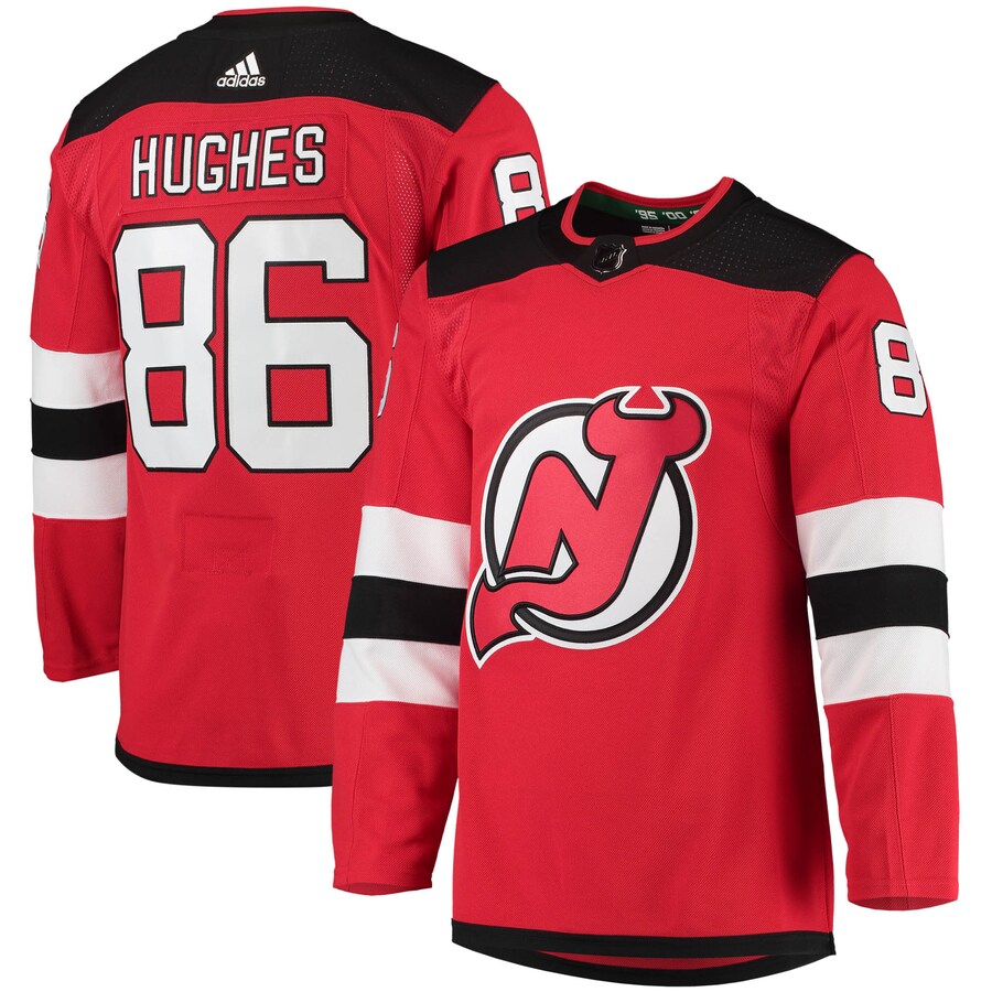 Men's New Jersey Devils Jack Hughes adidas Red Home Primegreen Authentic Pro Player Jersey