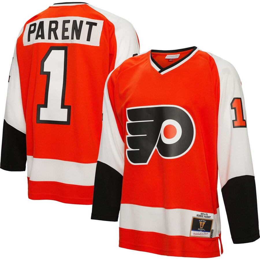 Men's Philadelphia Flyers Bernie Parent Mitchell & Ness Orange 1974/75  Blue Line Player Jersey