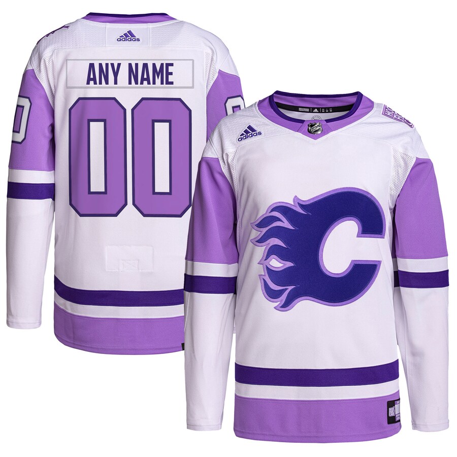 Men's Calgary Flames adidas White/Purple Hockey Fights Cancer Primegreen Authentic Custom Jersey