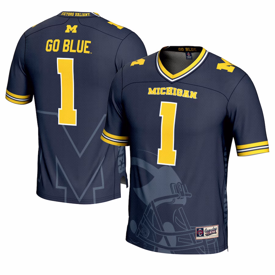 Michigan Wolverines #1 GameDay Greats Navy Icon Print Football Fashion Jersey