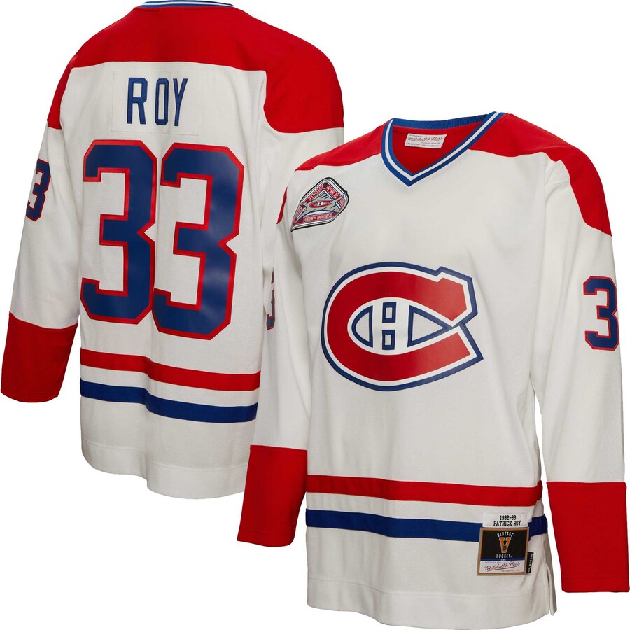 Men's Montreal Canadiens Patrick Roy Mitchell & Ness White 1992/93  Blue Line Player Jersey