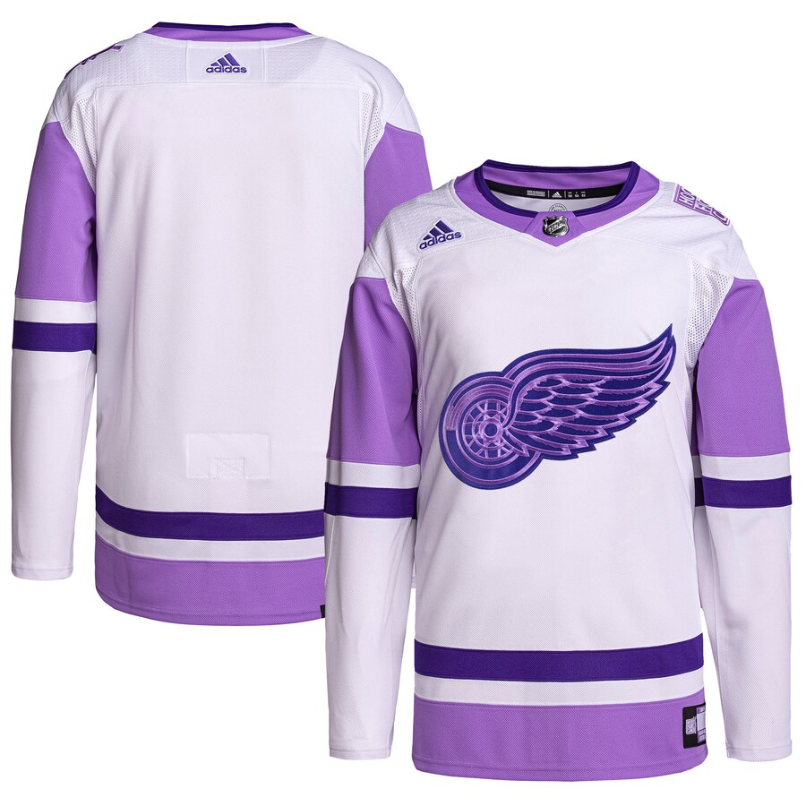 Men's Detroit Red Wings adidas White/Purple Hockey Fights Cancer Primegreen Authentic Blank Practice Jersey