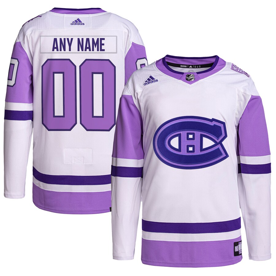 Men's Montreal Canadiens adidas White/Purple Hockey Fights Cancer Primegreen Authentic Custom Jersey