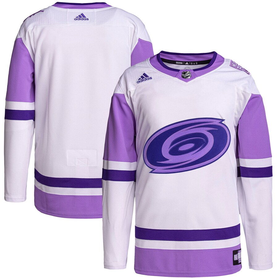 Men's Carolina Hurricanes adidas White/Purple Hockey Fights Cancer Primegreen Authentic Blank Practice Jersey