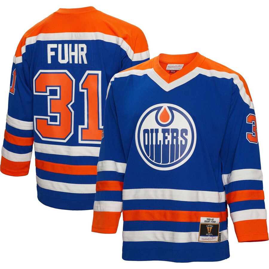 Men's Edmonton Oilers Grant Fuhr Mitchell & Ness Royal 1986/87  Blue Line Player Jersey