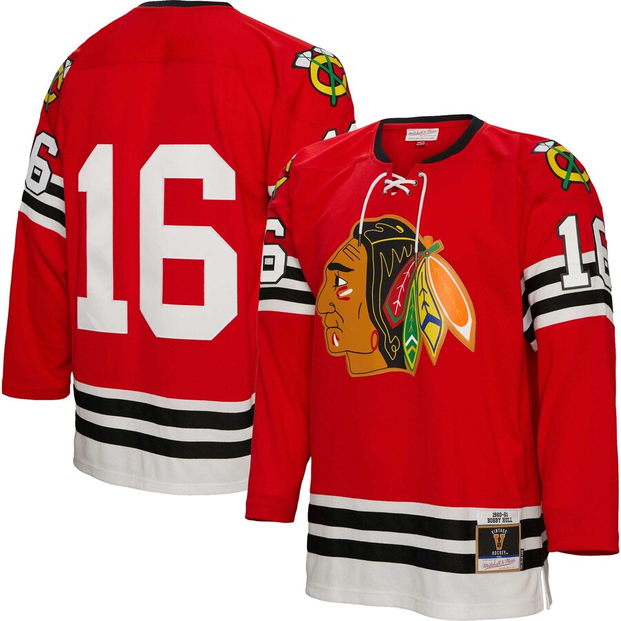 Men's Chicago Blackhawks Bobby Hull Mitchell & Ness Red 1960/61  Blue Line Player Jersey