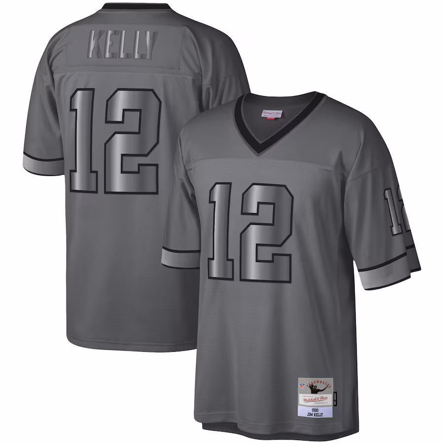 Men's Buffalo Bills Jim Kelly Mitchell & Ness Charcoal 1990 Retired Player Metal Legacy Jersey