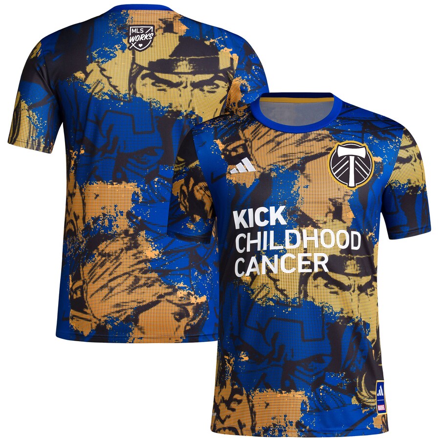 Men's Portland Timbers adidas Royal 2023 MLS Works Kick Childhood Cancer x Marvel Pre-Match Top
