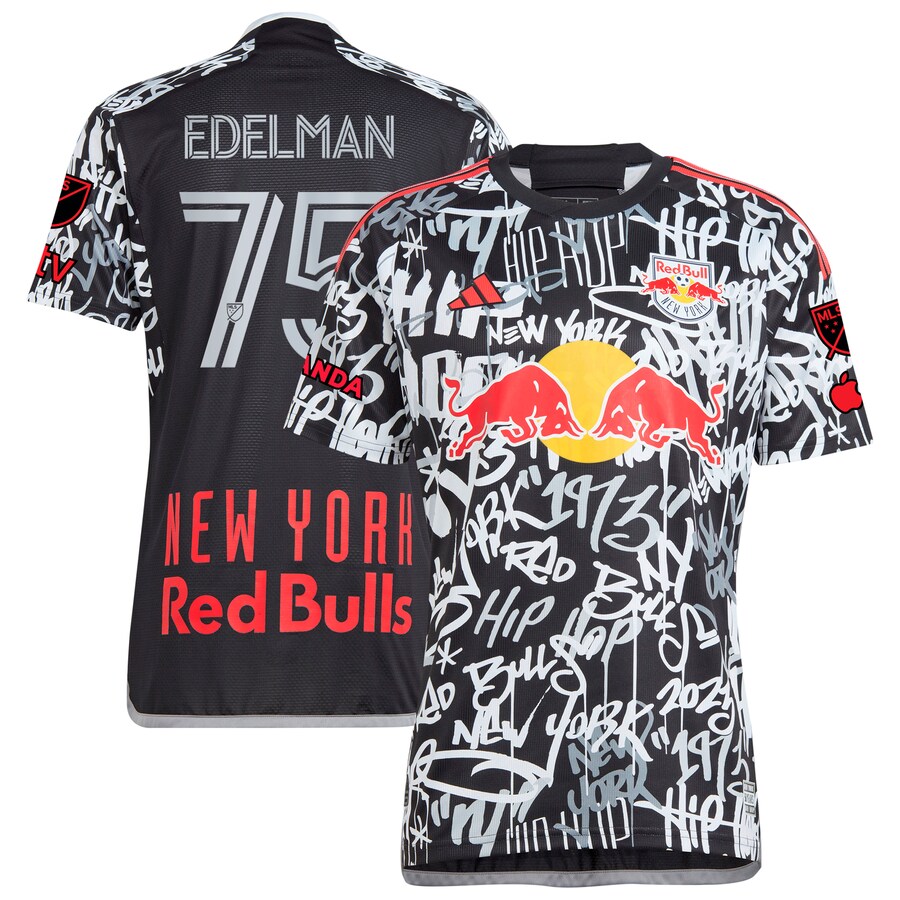 Men's New York Red Bulls Daniel Edelman adidas Black 2023 Freestyle Authentic Player Jersey