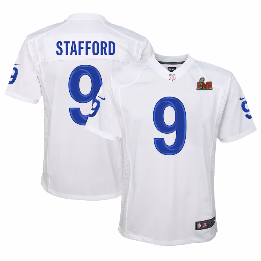 Youth Los Angeles Rams Matthew Stafford Nike White Super Bowl LVI Game Patch Jersey