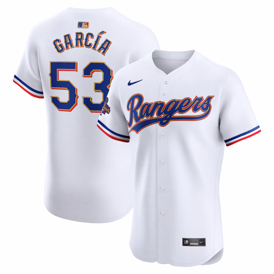 Men's Texas Rangers Adolis Garcia Nike White 2024 Gold Collection Elite Player Jersey