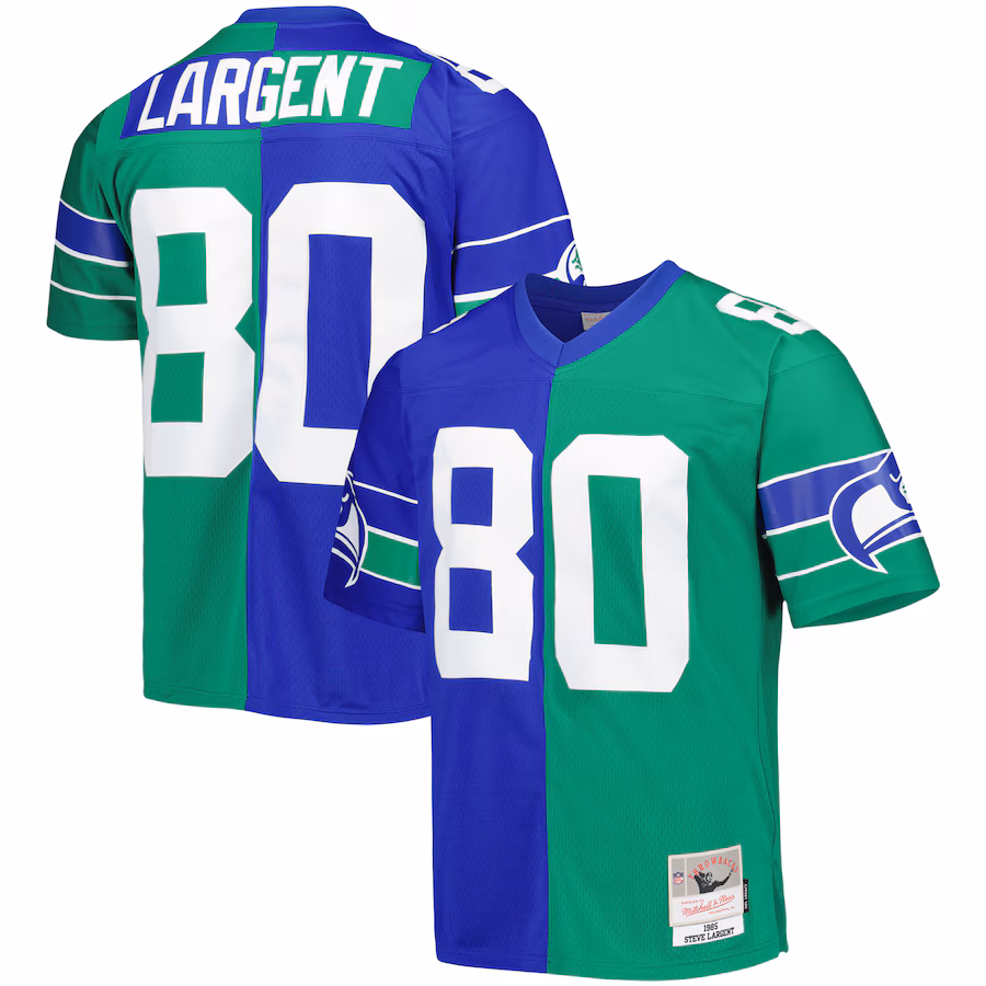 Men's Seattle Seahawks Steve Largent Mitchell & Ness Royal/Green 1985 Split Legacy Replica Jersey