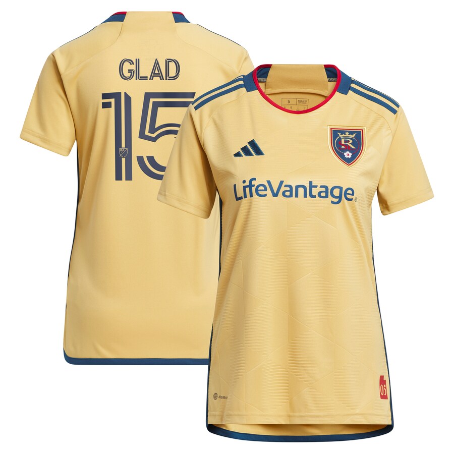 Women's Real Salt Lake Justen Glad adidas Gold 2023 The Beehive State Kit Replica Player Jersey