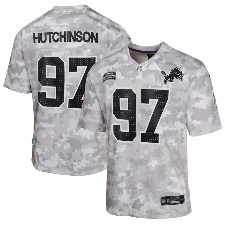 Youth Detroit Lions Aidan Hutchinson Nike Arctic Camo 2024 Salute to Service Game Jersey