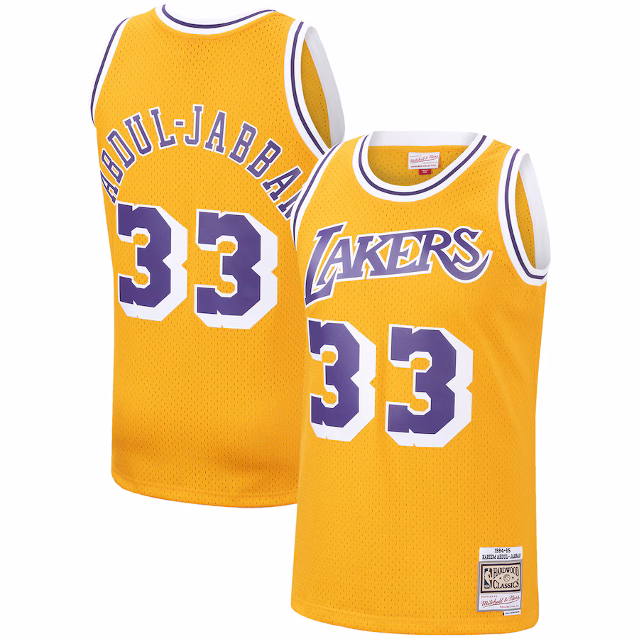 Men's Los Angeles Lakers Kareem Abdul-Jabbar Mitchell & Ness Gold Hardwood Classics Swingman Jersey