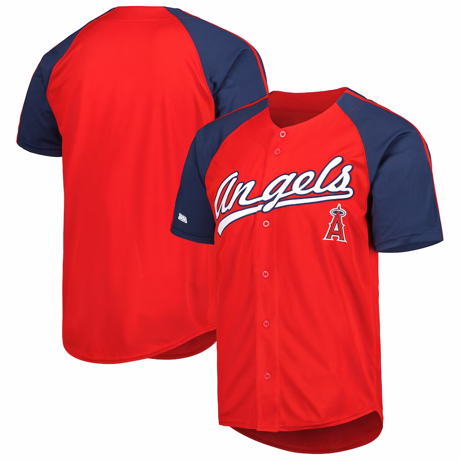 Men's Los Angeles Angels Stitches Red Button-Down Raglan Fashion Jersey - Ujersey