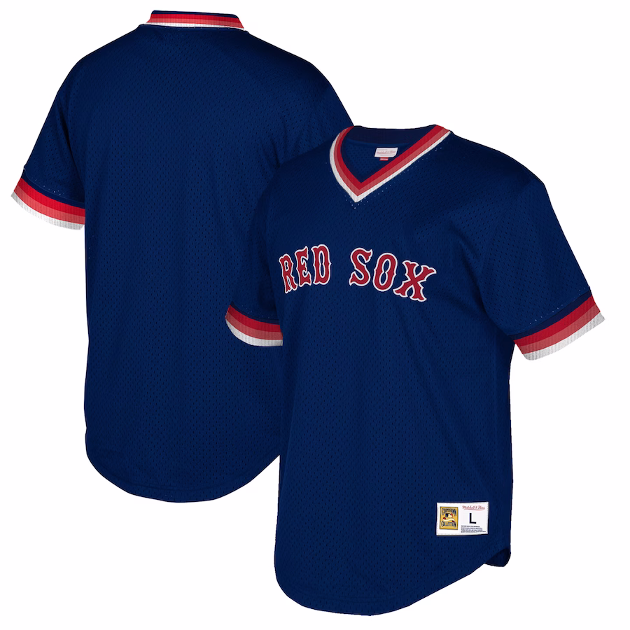 Men's Boston Red Sox Mitchell & Ness Navy Big & Tall Cooperstown Collection Mesh Wordmark V-Neck Jersey - Ujersey