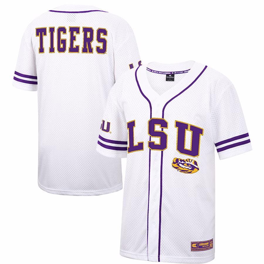 LSU Tigers Colosseum Free Spirited Mesh Button-Up Baseball Jersey - White - Ujersey