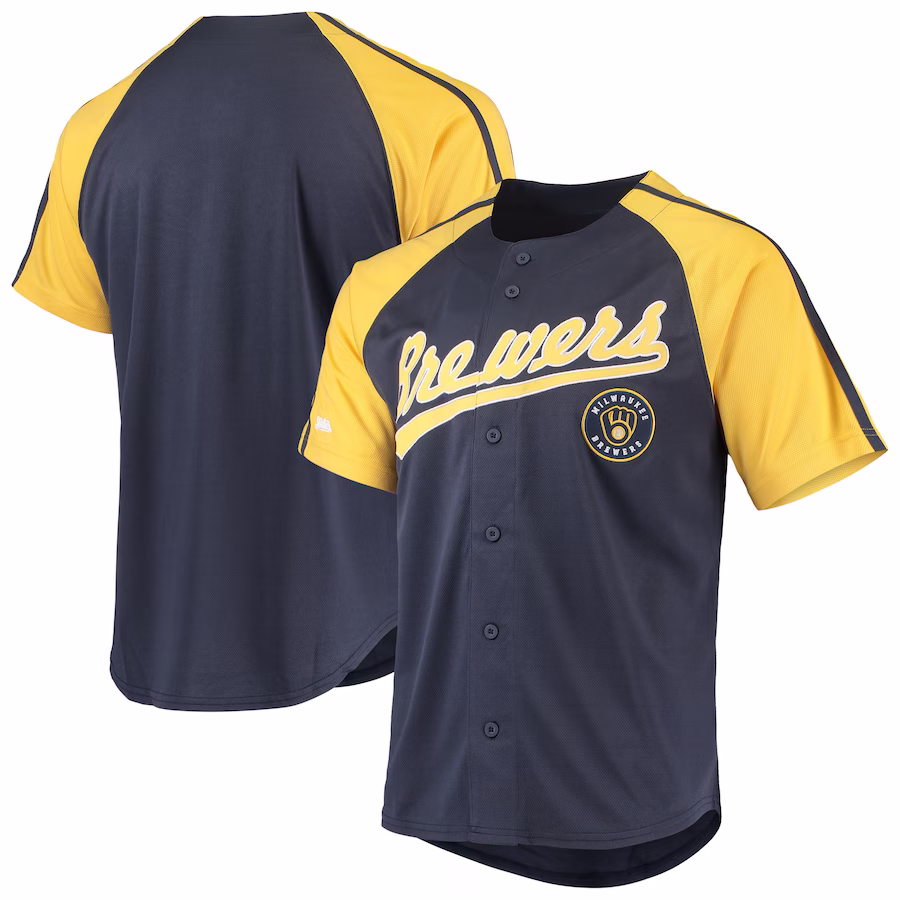 Men's Milwaukee Brewers Stitches Navy Button-Down Raglan Replica Jersey - Ujersey