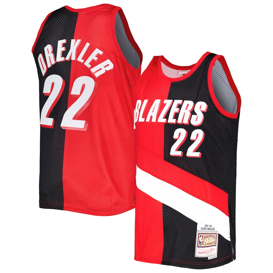 Men's Portland Trail Blazers Clyde Drexler Mitchell & Ness Red/Black Hardwood Classics 1991/92 Split Swingman Jersey - Ujersey