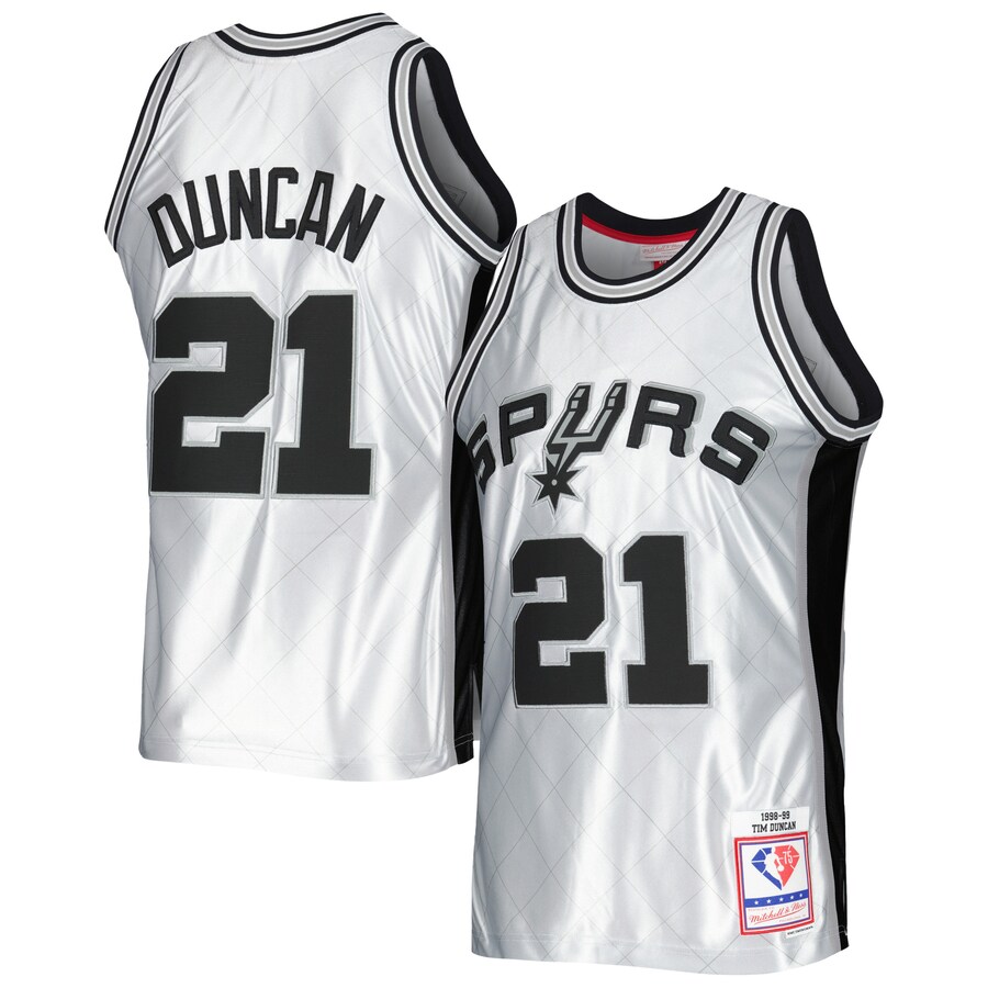 Men's San Antonio Spurs Tim Duncan Mitchell & Ness Platinum 1998/99 Hardwood Classics 75th Anniversary Swingman Jersey - Ujersey