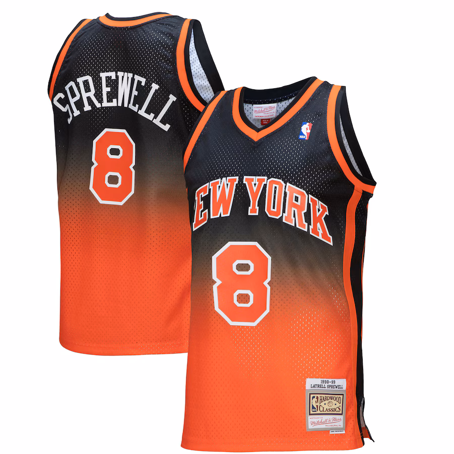 Men's New York Knicks Latrell Sprewell Mitchell & Ness Orange/Black 1998/99 Hardwood Classics Fadeaway Swingman Player Jersey - Ujersey