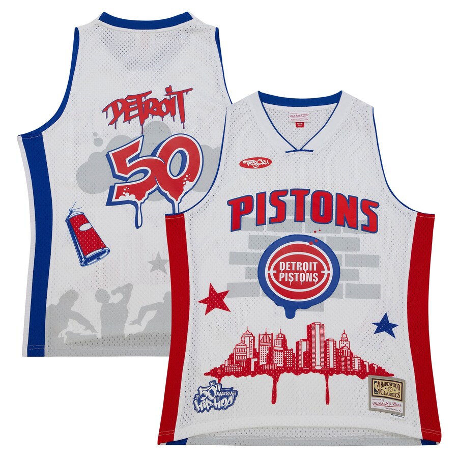 Men's Detroit Pistons Mitchell & Ness x Tats Cru White Hardwood Classics Fashion Jersey - Ujersey