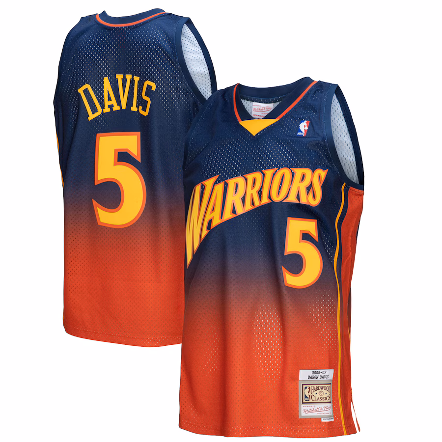 Men's Golden State Warriors Baron Davis Mitchell & Ness Navy/Orange 2006/07 Hardwood Classics Fadeaway Swingman Player Jersey - Ujersey