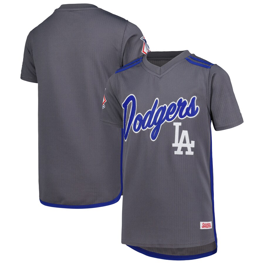 Youth Los Angeles Dodgers Stitches Charcoal Team V-Neck Jersey - Ujersey