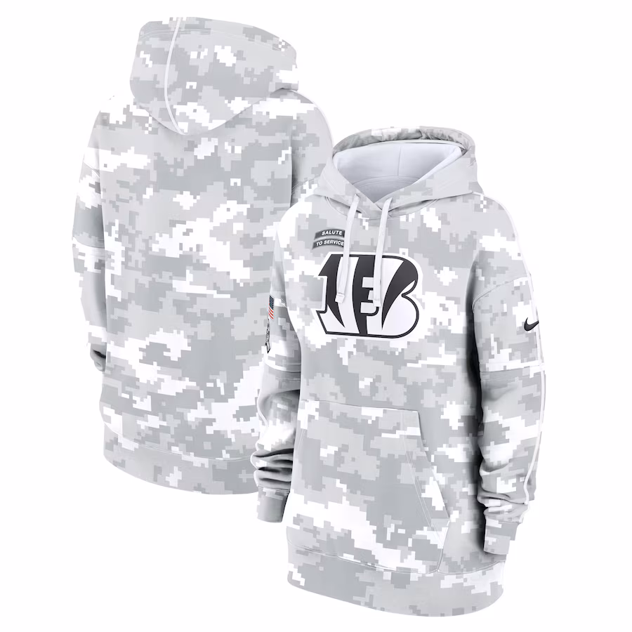 Women's Cincinnati Bengals Nike Arctic Camo 2024 Salute To Service Club Fleece Pullover Hoodie - Ujersey
