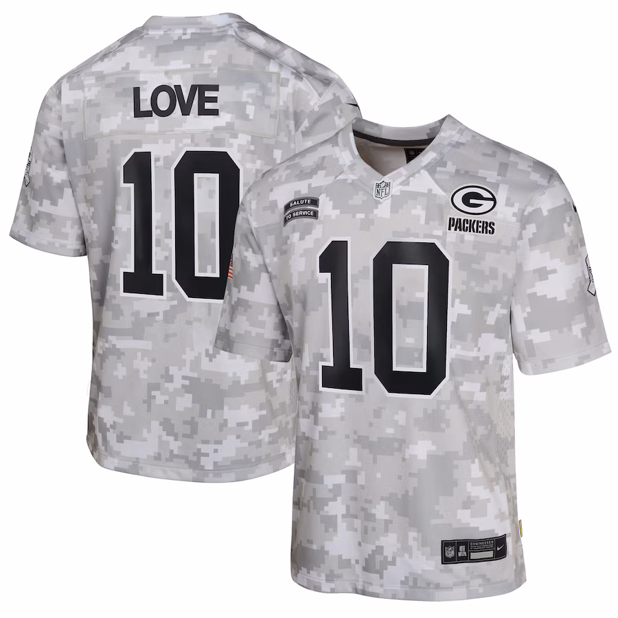 Youth Green Bay Packers Jordan Love Nike Arctic Camo 2024 Salute to Service Game Jersey - Ujersey