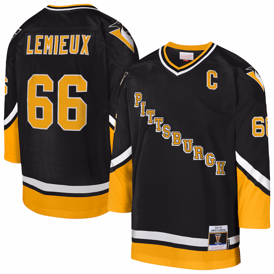 Youth Pittsburgh Penguins Mario Lemieux Mitchell & Ness Gold 1992/93 Captain Patch Blue Line Player Jersey - Ujersey