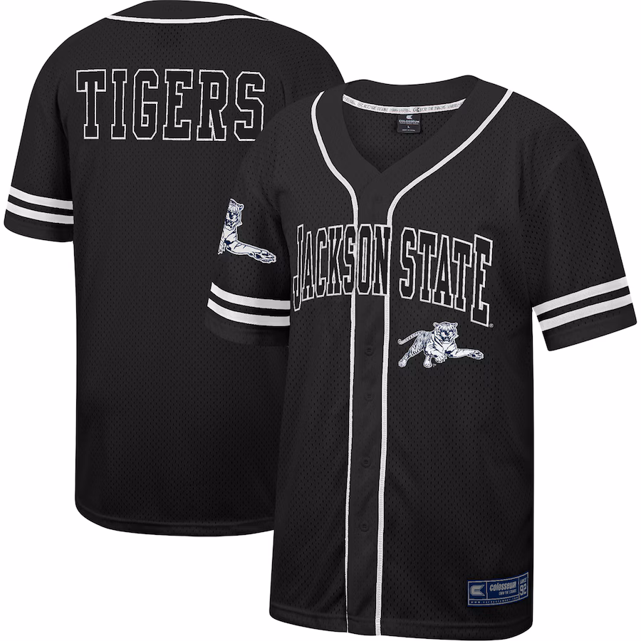 Men's Colosseum Black Jackson State Tigers Free Spirited Mesh Button-Up Baseball Jersey - Ujersey
