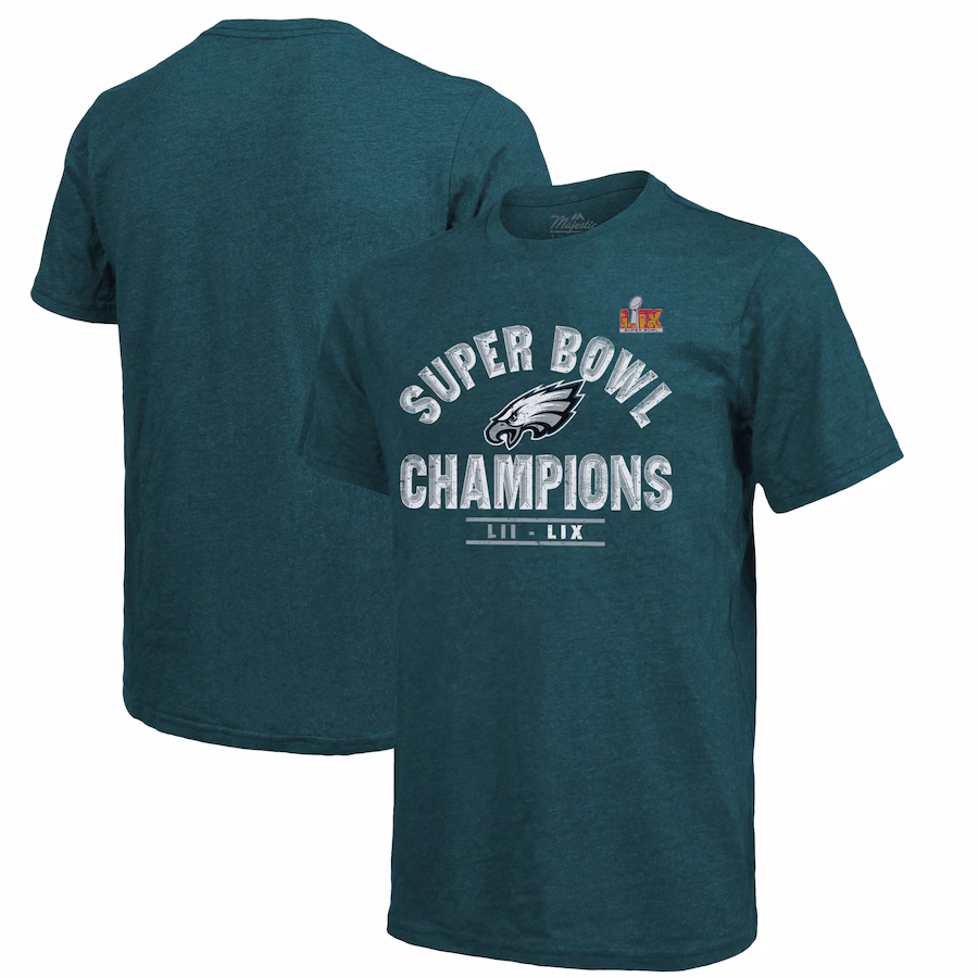 Men's Philadelphia Eagles Majestic Threads Midnight Green Super Bowl LIX Champions Tri-Blend T-Shirt - Ujersey