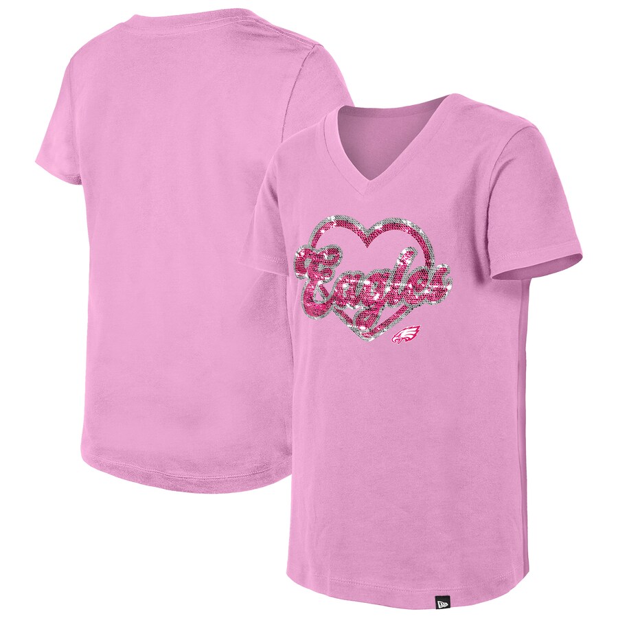 Girls Youth Philadelphia Eagles New Era Pink Flip Sequins V-Neck T-Shirt - Ujersey