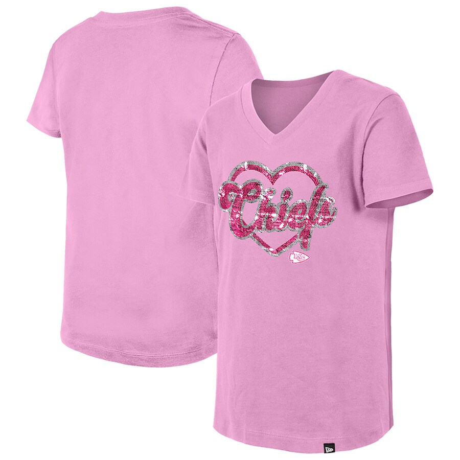 Girls Youth Kansas City Chiefs New Era Pink Flip Sequins V-Neck T-Shirt - Ujersey