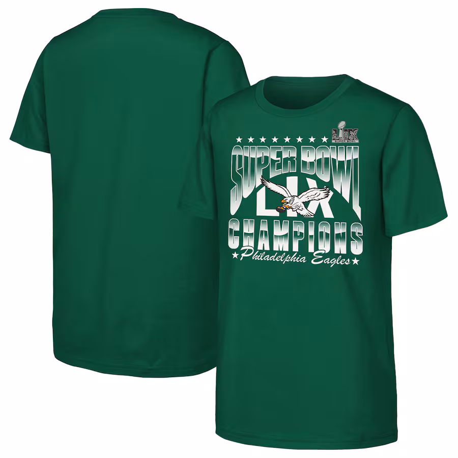 Youth Philadelphia Eagles Kelly Green Super Bowl LIX Champions Retro Arch T-Shirt - Ujersey