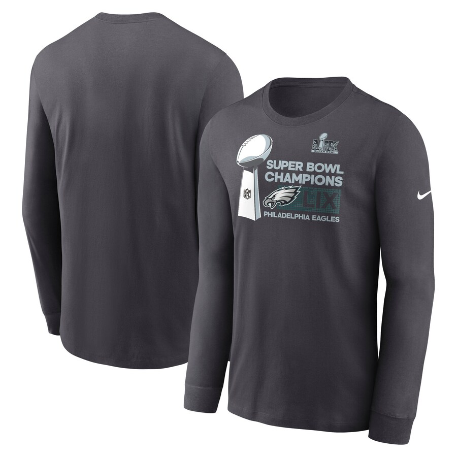 Men's Philadelphia Eagles Nike Anthracite Super Bowl LIX Champions Locker Room Trophy Collection Long Sleeve T-Shirt - Ujersey