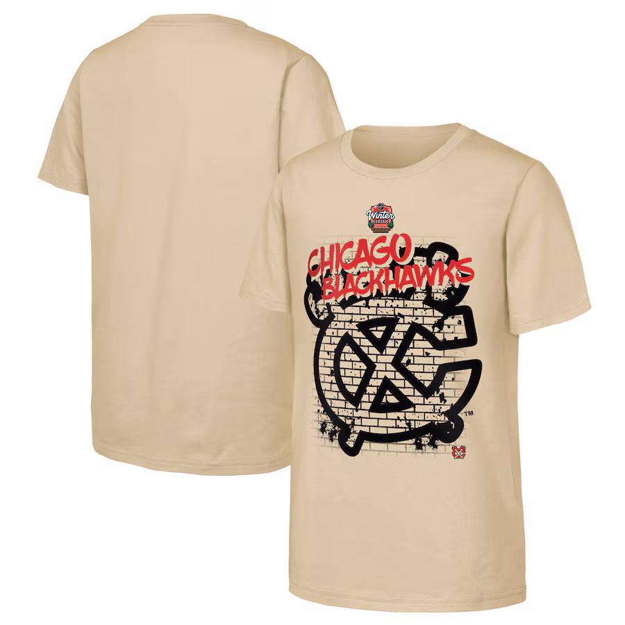 Youth Chicago Blackhawks Tan 2025 NHL Winter Classic Street Art T-Shirt - Ujersey