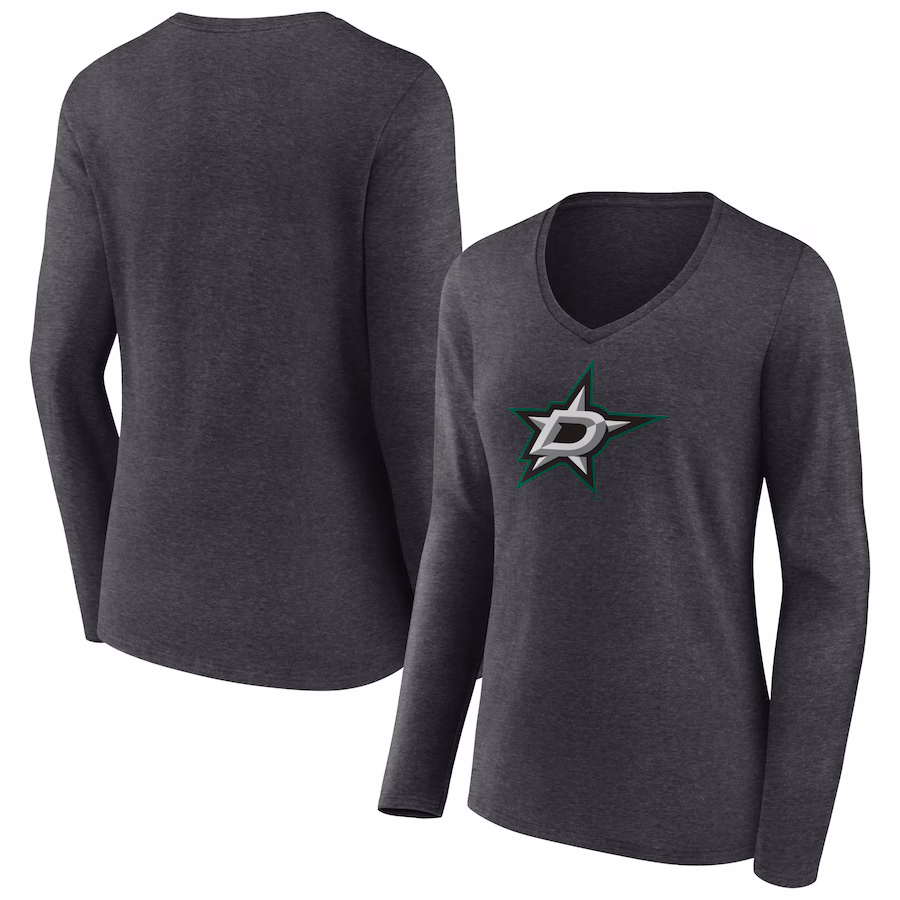 Women's Dallas Stars Heather Charcoal Primary Team Logo Long Sleeve V-Neck T-Shirt - Ujersey