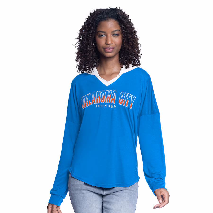 Women's Oklahoma City Thunder G-III 4Her by Carl Banks Blue Bench Player Oversized Long Sleeve Hooded Top - Ujersey