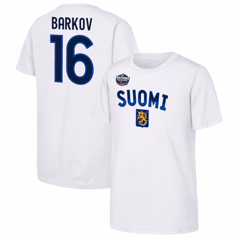 Youth Finland Aleksander Barkov White 2025 4 Nations Face-Off Player Name & Number T-Shirt - Ujersey