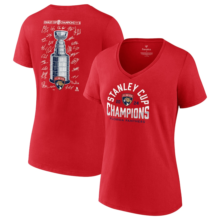 Women's Florida Panthers Fanatics Red 2024 Stanley Cup Champions Signature Roster V-Neck T-Shirt - Ujersey