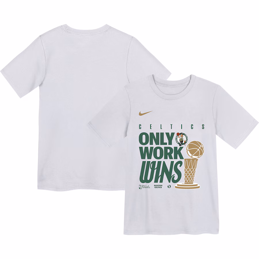 Youth Boston Celtics Nike White 2024 NBA Finals Champions Celebration Parade T-Shirt - Ujersey