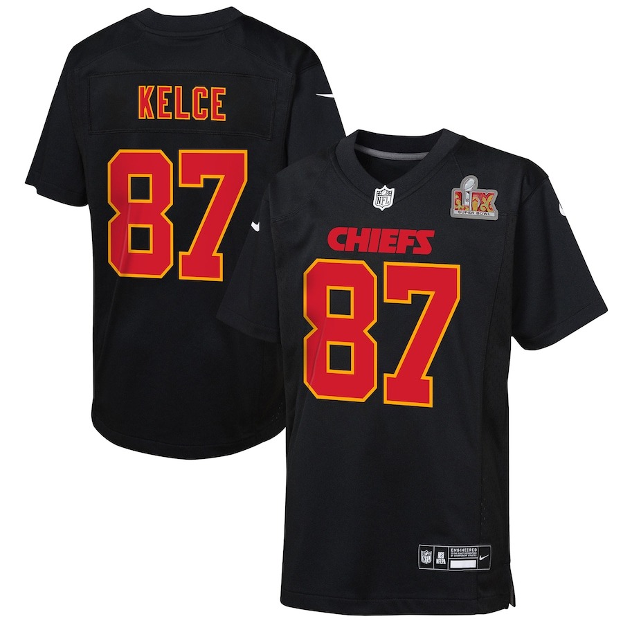 Youth Kansas City Chiefs Travis Kelce Nike Carbon Black Super Bowl LIX Patch Fashion Game Jersey - Ujersey