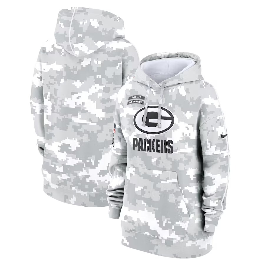 Women's Green Bay Packers Nike Arctic Camo 2024 Salute To Service Club Fleece Pullover Hoodie - Ujersey