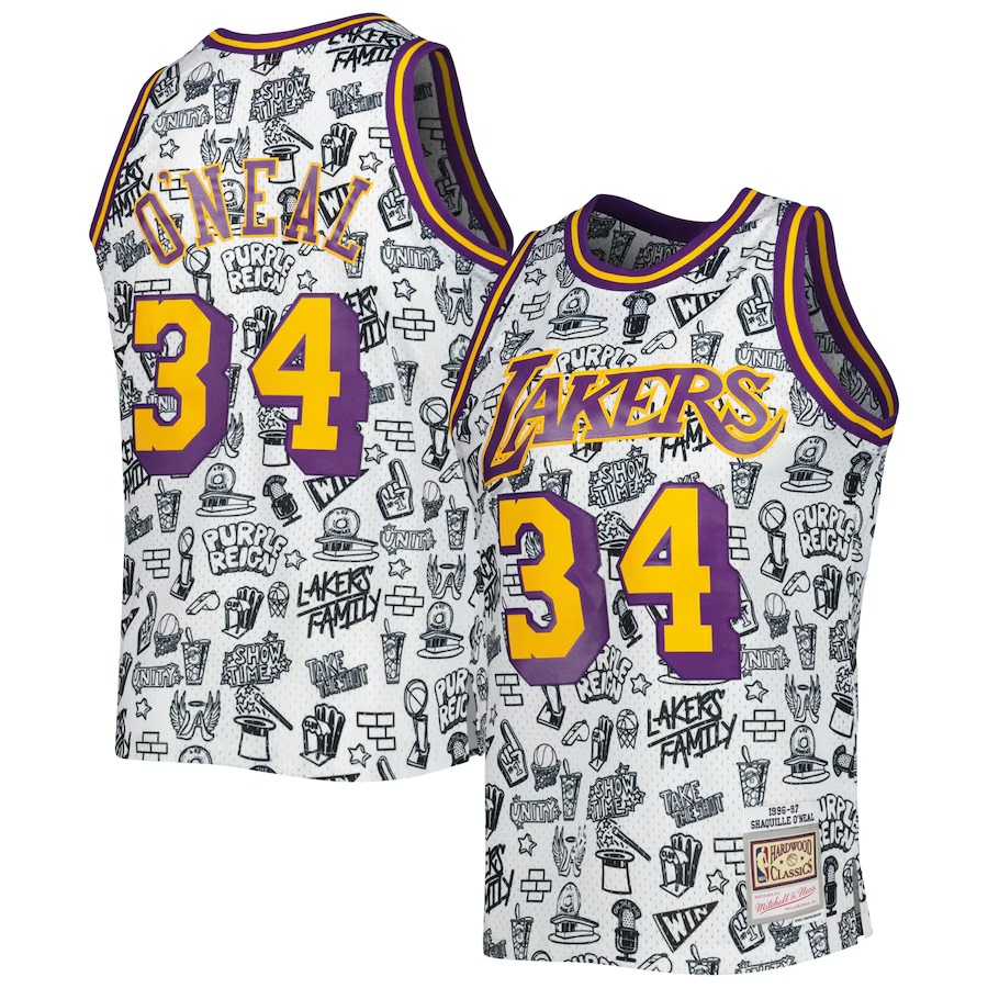 Men's Los Angeles Lakers Shaquille O'Neal Mitchell & Ness White 1996/97 Hardwood Classics Doodle Swingman Jersey - Ujersey