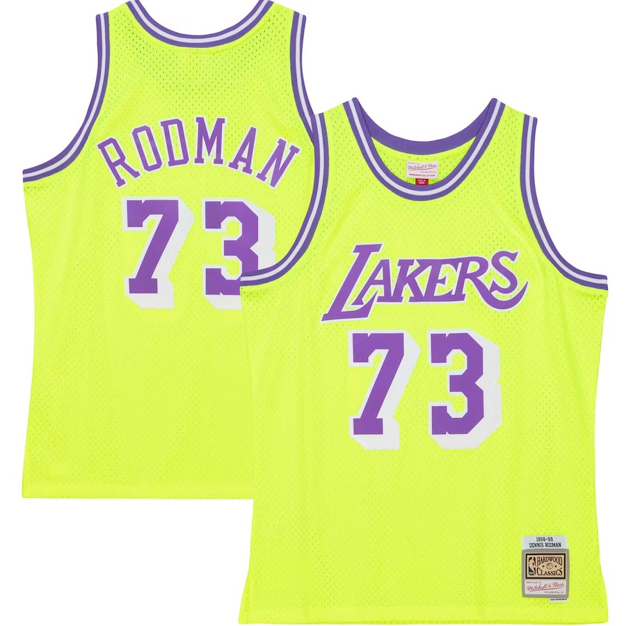 Men's Los Angeles Lakers Dennis Rodman Mitchell & Ness Neon Yellow Hardwood Classics 1998/99 Tropical Swingman Jersey - Ujersey
